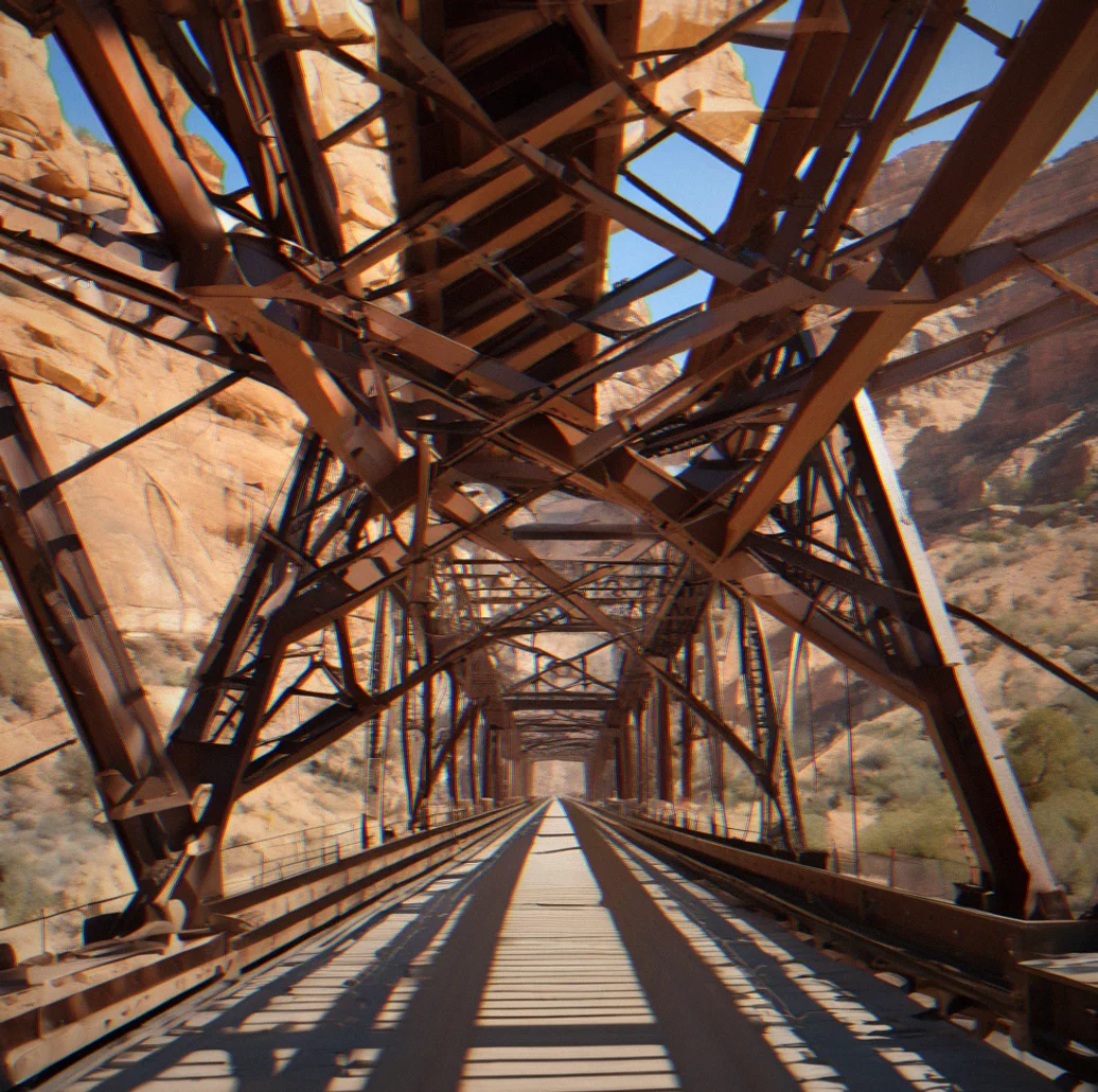 Steel truss bridge crossing a canyon with a cost breakdown showing how materials break down
