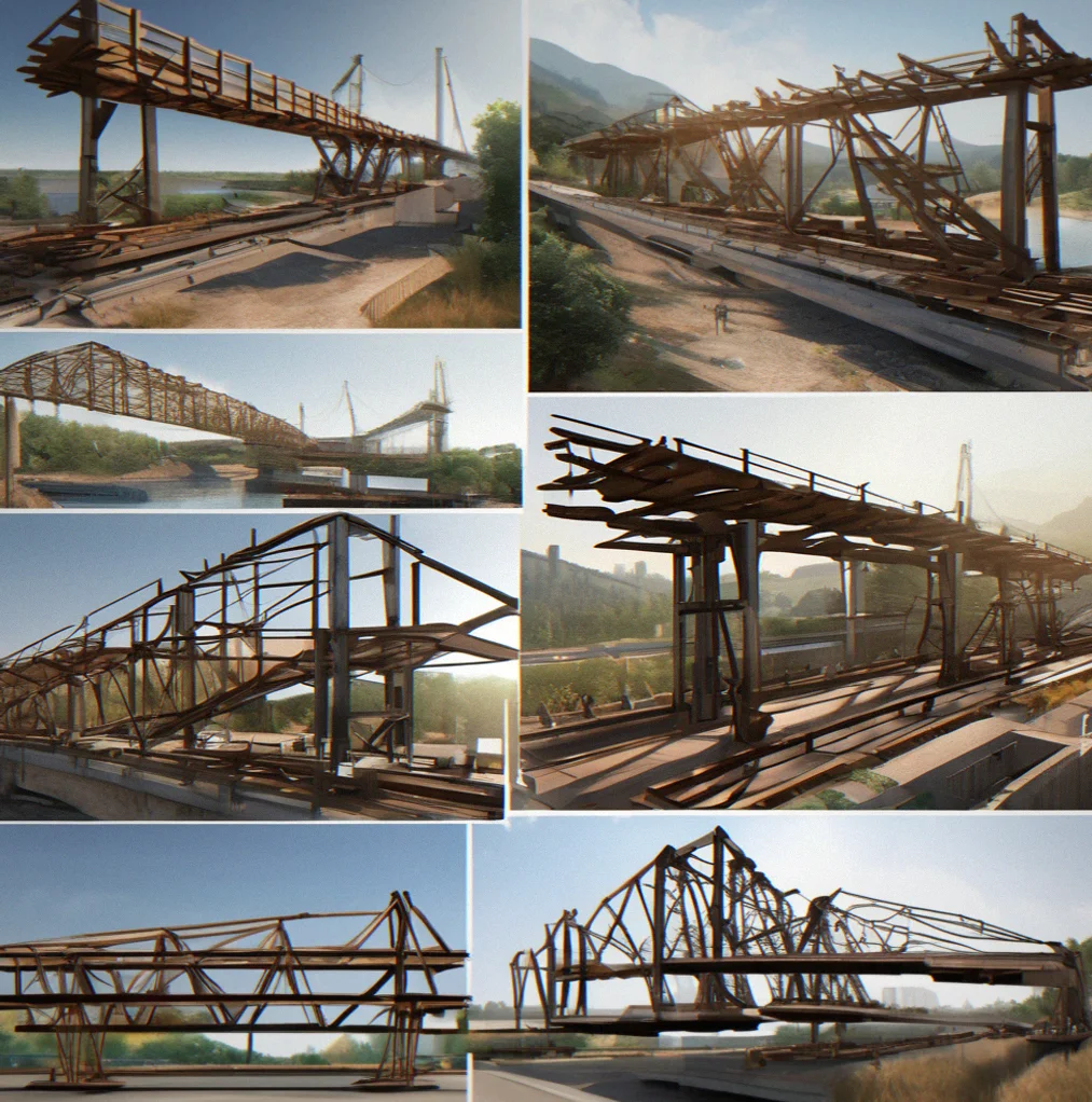 Heavy truck driving across a wood-and-steel hybrid bridge, stress deformation visible as it crosses