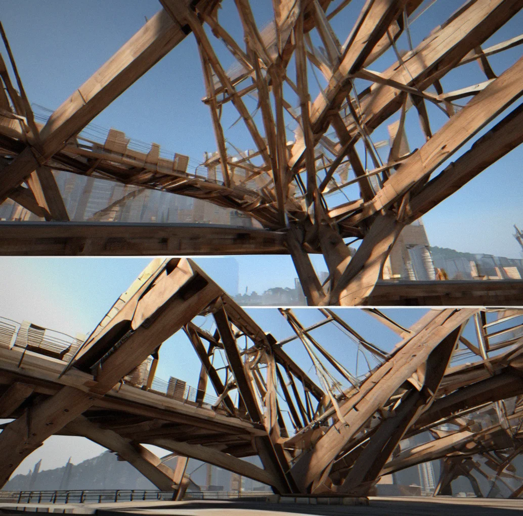 Bridge collapsing in the physics engine, the exact moment compression breaks the structure