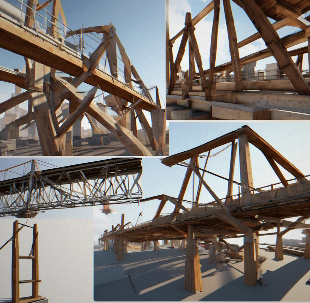 A beam bridge buckling under the weight of a truck mid-span, right next to a cable suspension design that barely flinches—side by side so you can see the difference