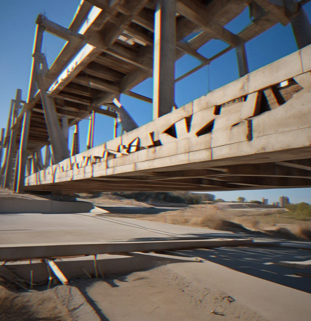 Concrete beam bridge sags as a truck drives across it, with cracks starting to spread from the middle