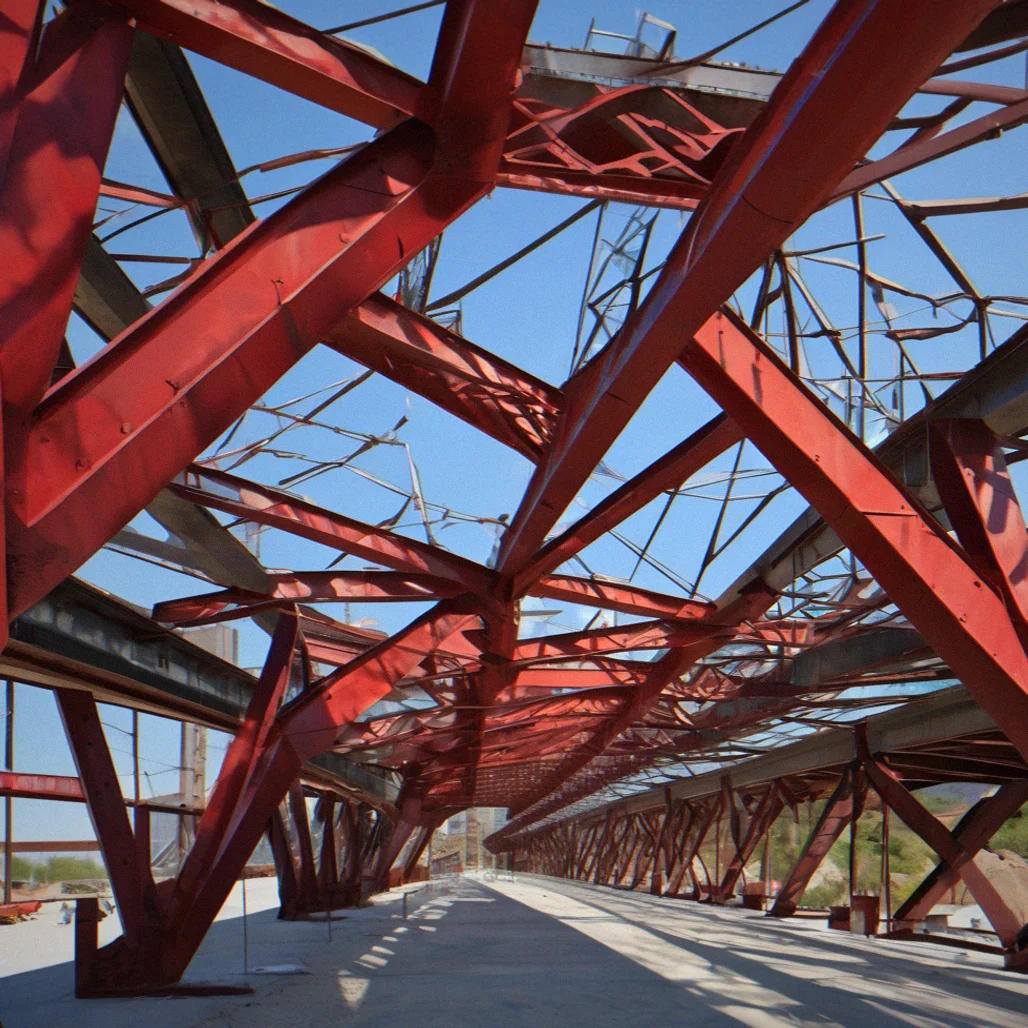 A diagonal truss member compresses under load, color shifting from cool blue at the anchor to hot red at the far end