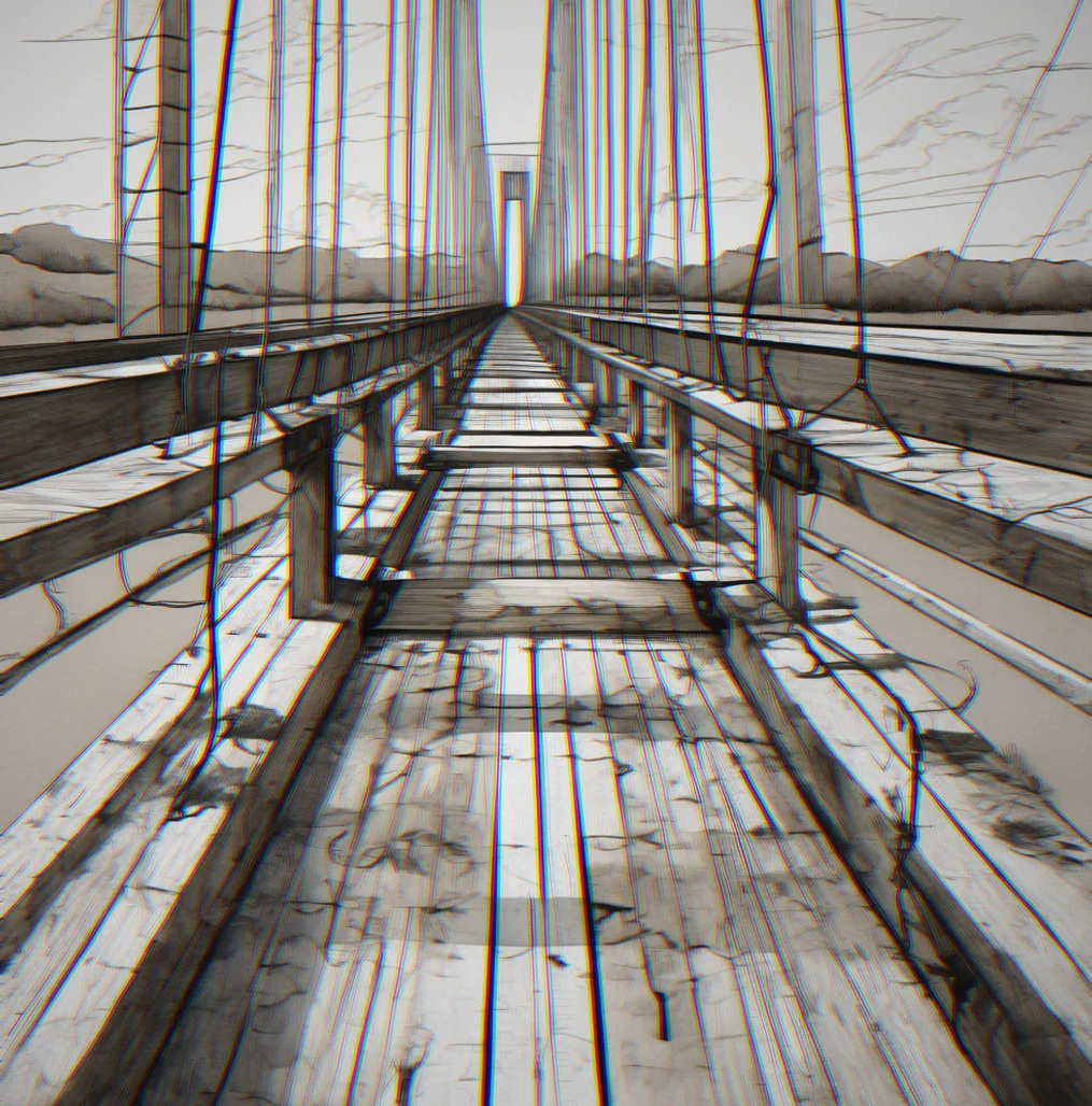 A bridge made of both wood and cables spans uneven ground, with anchor points at different heights